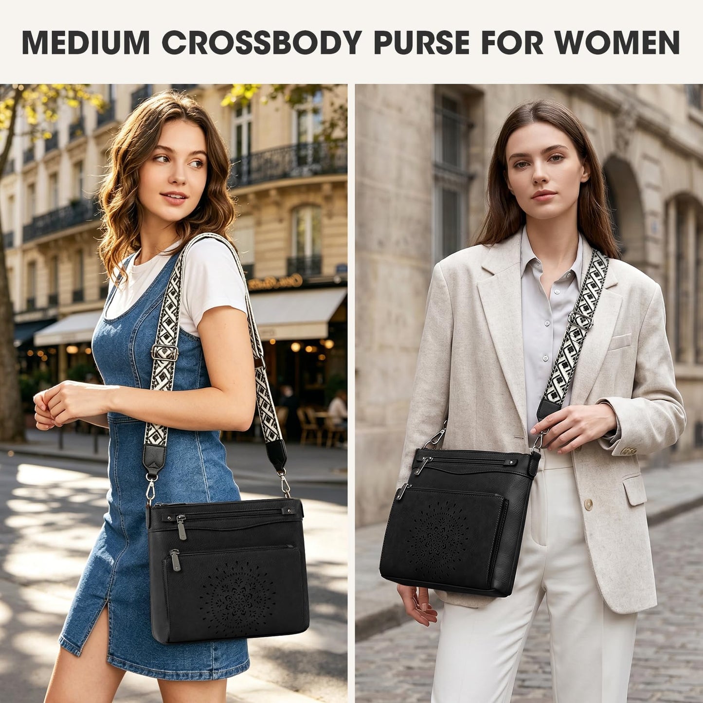 RAINSMORE Crossbody Bags for Women Leather Medium Crossbody Purse with Card Slots & Adjustable Strap Water-Resistant Womens Shoulder Handbag for Work Travel, Black