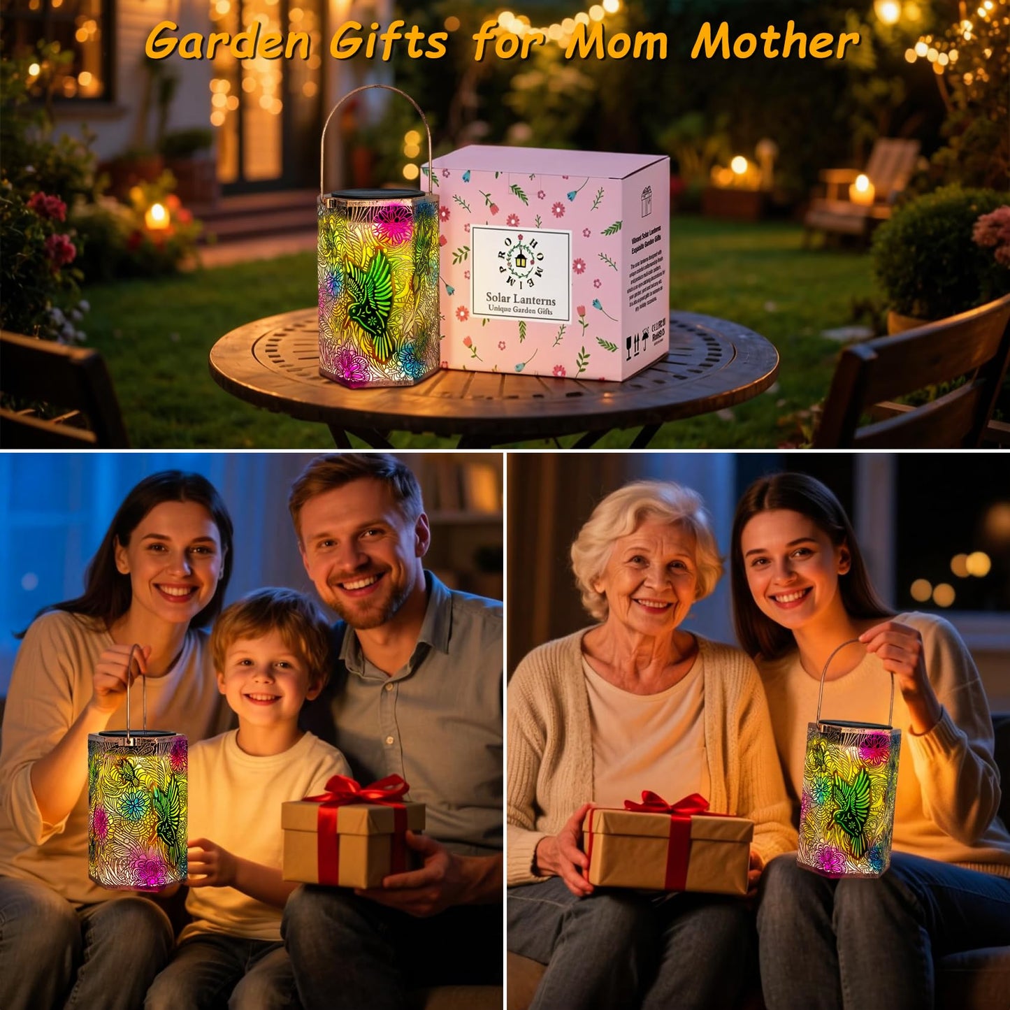 2Pack Solar Outdoor Hummingbird Lanterns Waterproof, Homeimpro Multicolor Solar Garden Lanterns, Mother's Day Christmas Garden Gifts for Mom Women, Backyard Ornaments