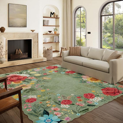 Washable Rugs for Living Room: 8x10 Area Rugs for Bedroom Soft Ultra Thin Stain Resistant Non Slip Low Pile Lightweight Vintage Floral Carpet for Dining Room Decor (Green)
