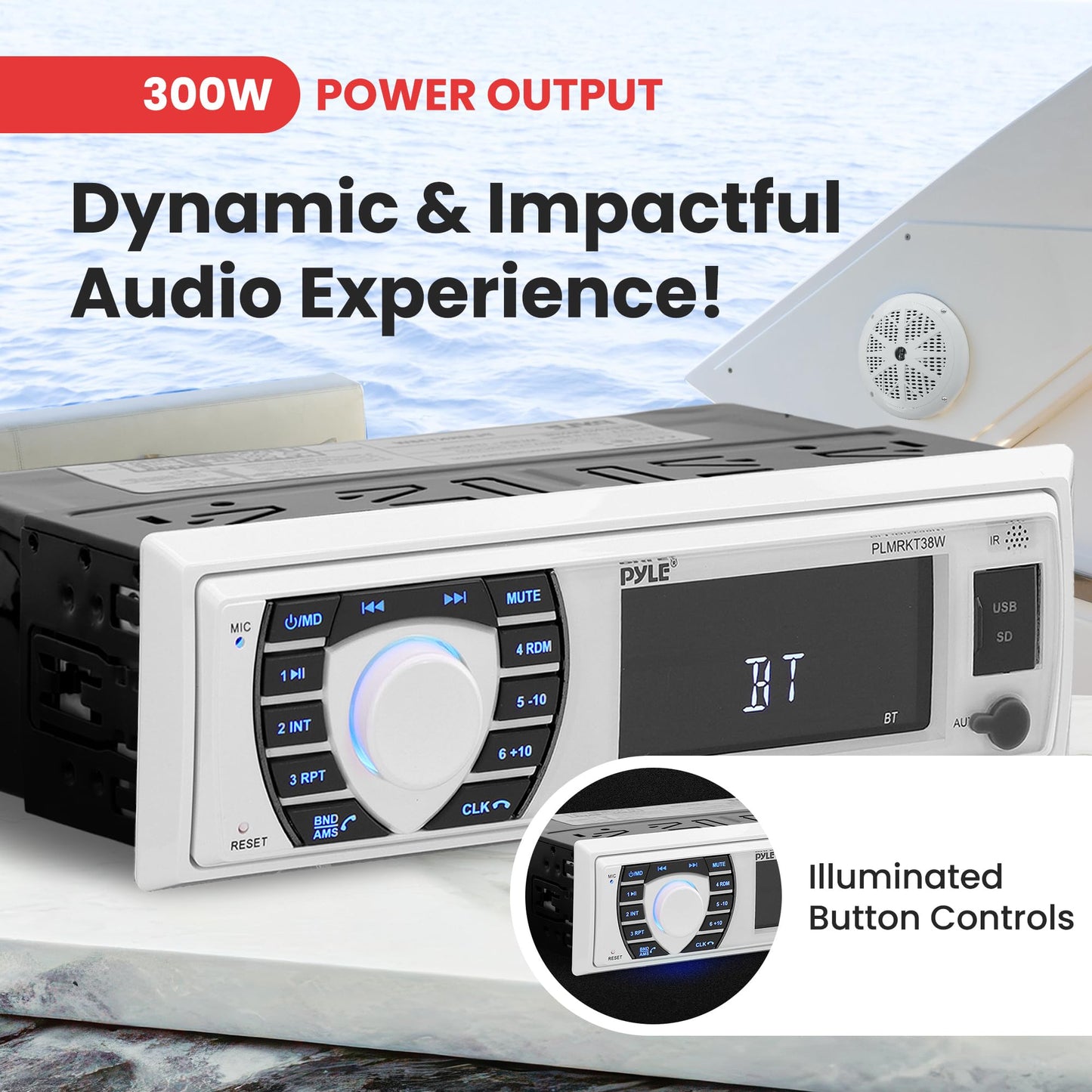 Pyle Marine Radio Receiver Speaker Set 12v Single Din Style Bluetooth Compatible Waterproof Digital Boat In Dash Console System with Mic 4 Speakers, Remote Control, Wiring Harness PLMRKT38W (White)