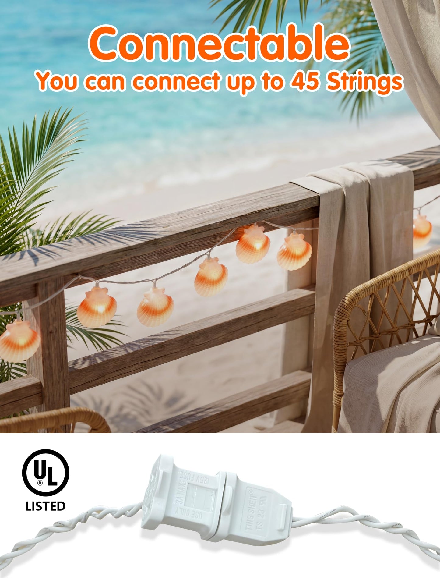 SUNSGNE 8.5FT LED Summer Seashell String Lights, 10 Textured Translucent Shell Beach String Lights with White Wire, Connectable Outdoor Indoor Decor for Summer Beach Theme, Pool Party, Ocean Bathroom