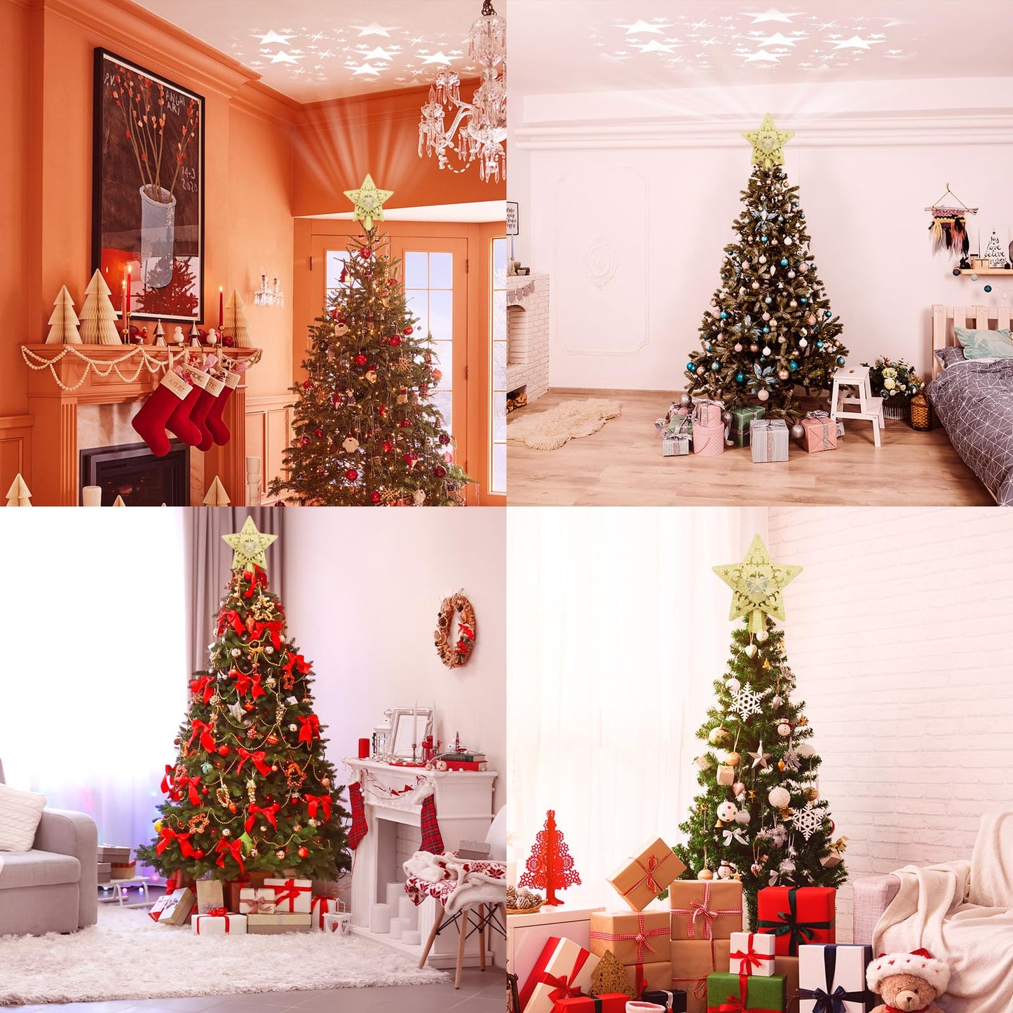 Christmas Star Tree Topper with Rotating LED Projector Lights, 3D Gold Glitter 5-Point Star, Plug-in Tree Top Ornament for Indoor Christmas Tree Decorations Holiday Decor