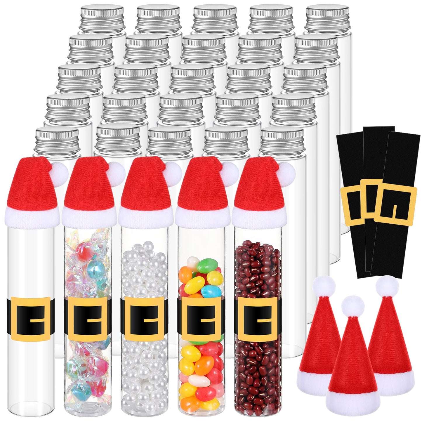 Vinsatin 30 Pcs Empty Candy Tubes Plastic Tubes with Caps Christmas Candy Containers 110ml Xmas DIY Crafts Chocolate Cookie Jar with Stickers(Classic)