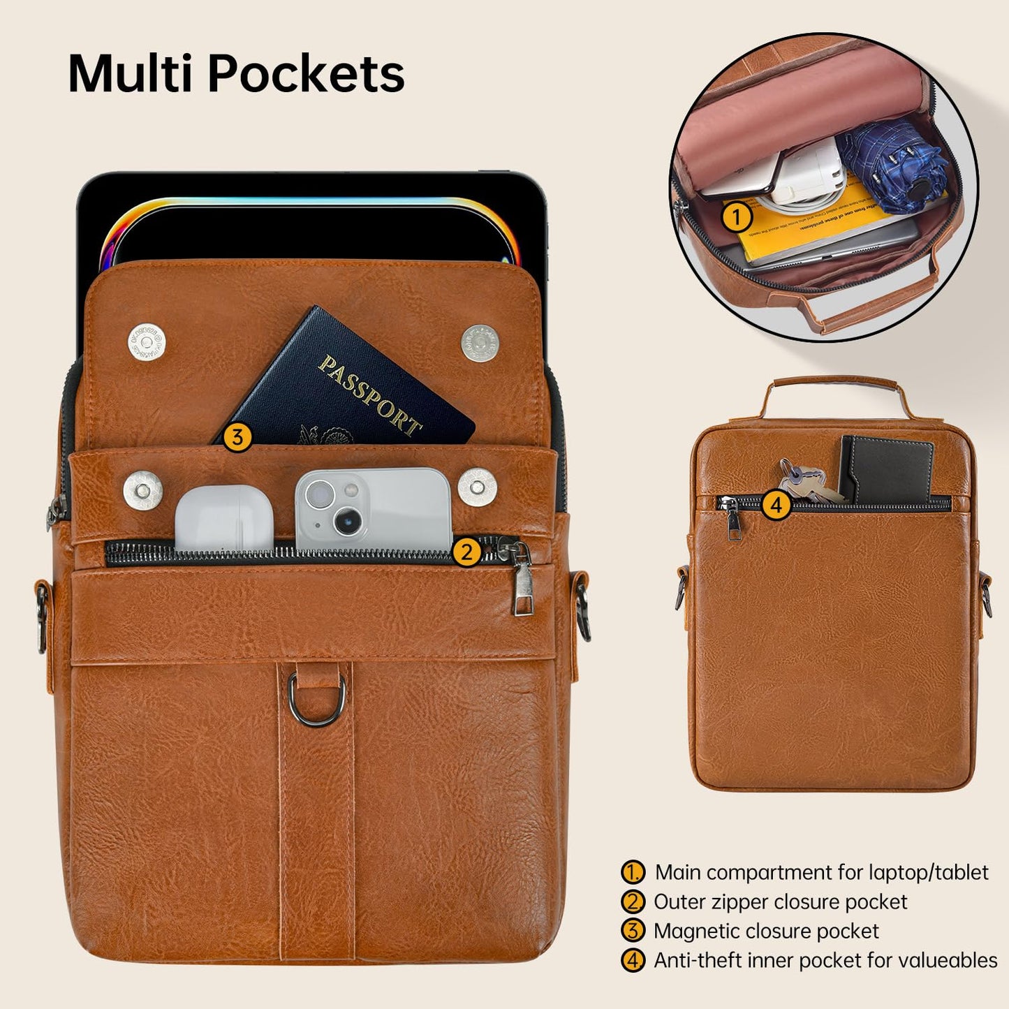 11 Inch Tablet Shoulder Bag Leather Carrying Case for 11 inch iPad A16, iPad Pro 11" M5 M4/ iPads Air 11" M4 M3 M2 2026 2025 with Magic Keyboard, Vertical Laptop Sleeve Messenger Computer Bag, Brown