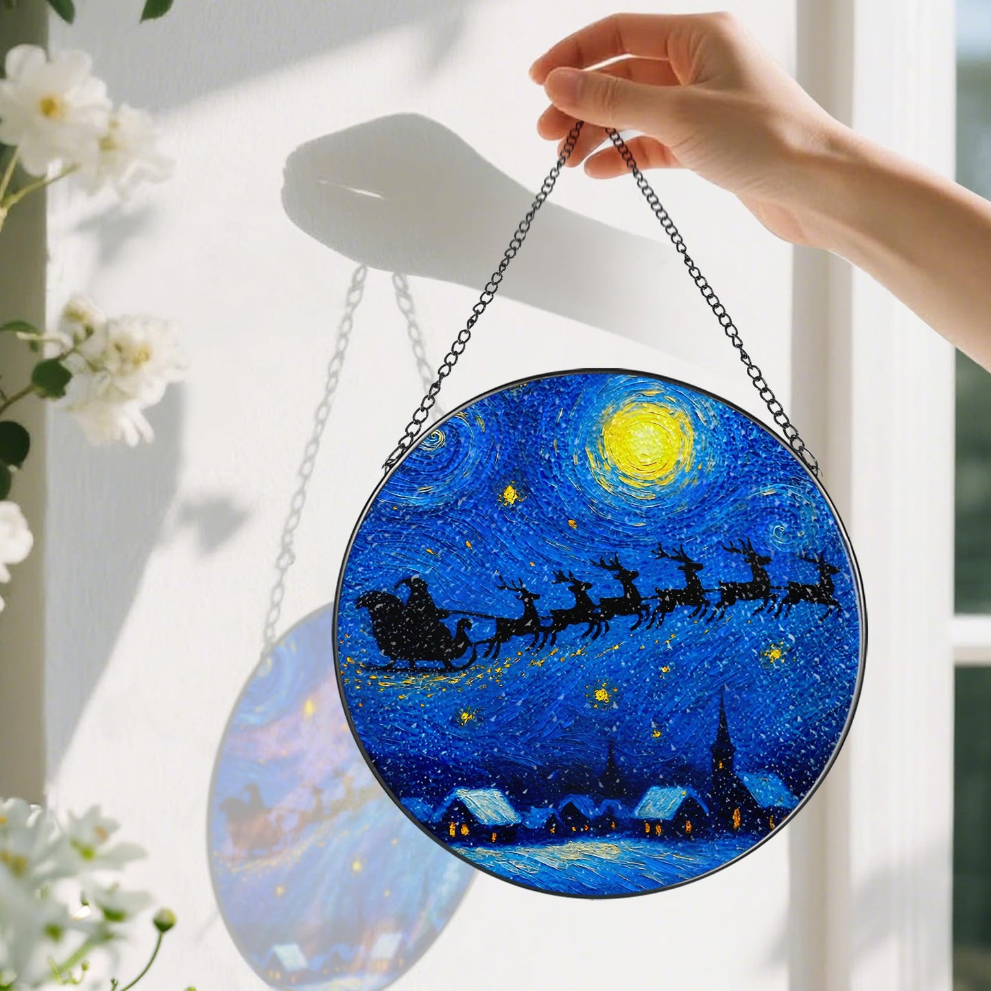 8-Inch Starry Night Santa Sleigh Stained Glass Window Hanging & Ornament: Stained Glass Suncatcher Ornament, Sun Catcher Window Decor – Gifts Exchange, Gift Idea, Gifts for Christmas & Holidays