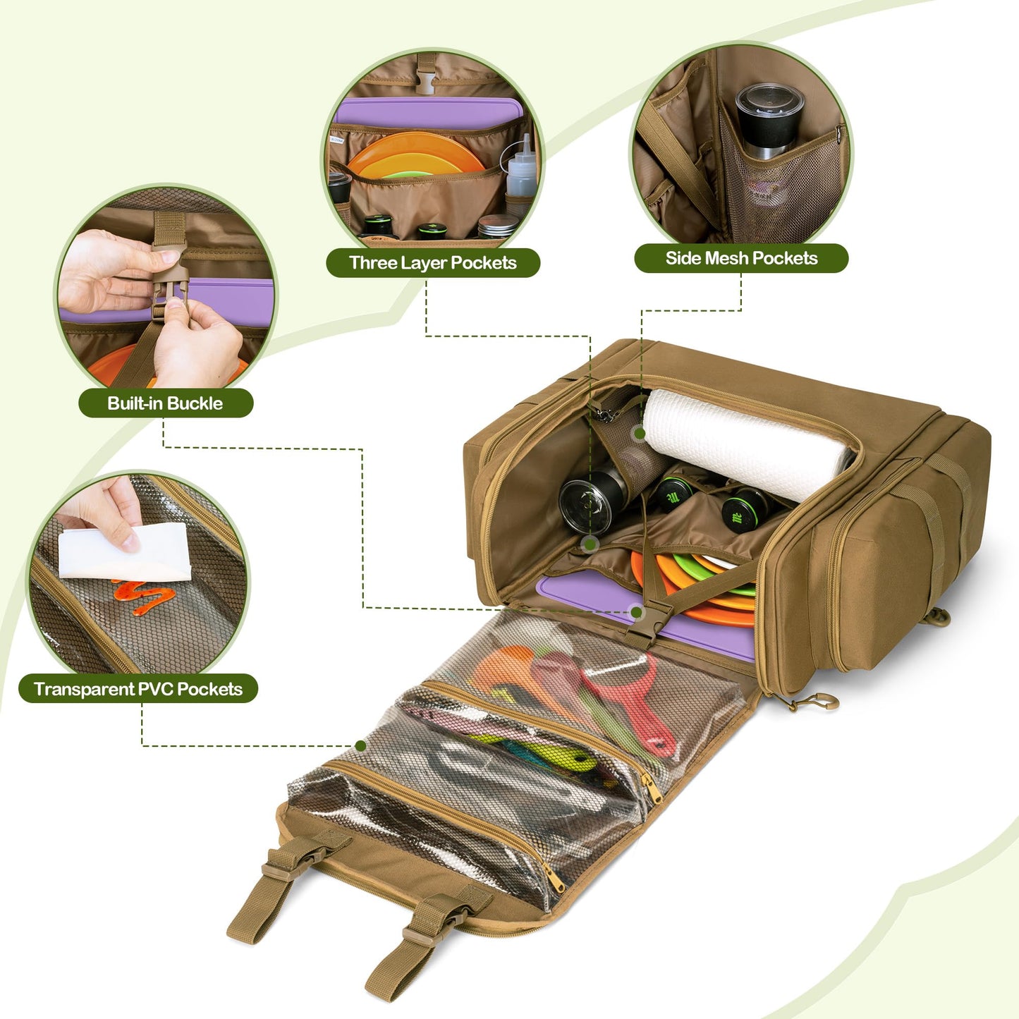 HODRANT Large Tactical Camping Kitchen Organizer, Hanging Cookware Storage Bag with Paper Towel Holder & Multi Pockets, Portable Camp Utensil Organizer for BBQ Cooking Essentials, Khaki, Bag Only