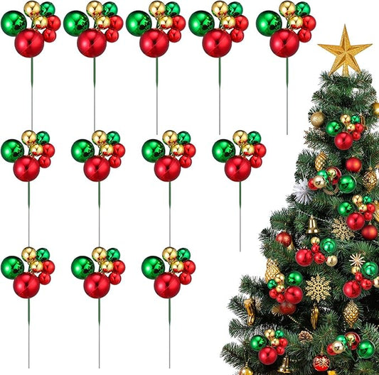 12 Pcs Christmas Tree Picks 7.87 Inch Red Green Gold Christmas Balls Ornaments Christmas Tree Decorations for Xmas Tree Topper DIY Wreath Holiday Floral Vase Fillers Crafts Home Decor