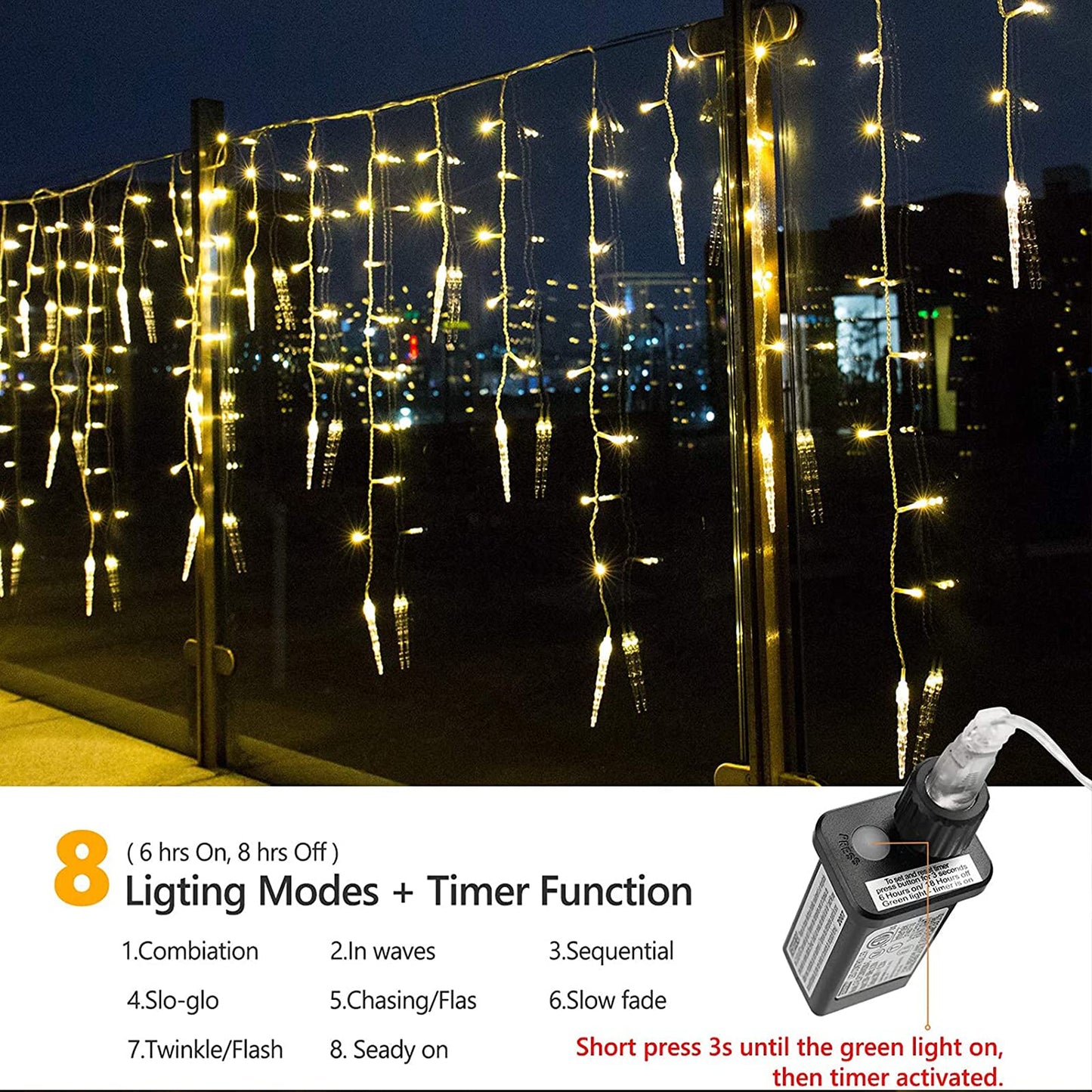 Icicle Christmas Lights, 29.5ft 360 LED Connectable Icicle String Lights with 60 Drops, Window Curtain Fairy Light with 8 Modes, Christmas Fairy Twinkle Light for Garden Eave Xmas Decor (Warm White)