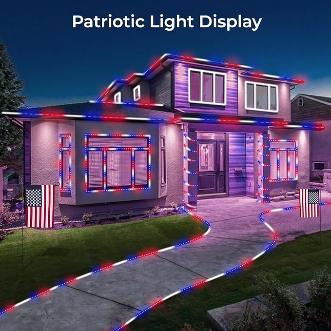 WYZworks 288LEDs 25ft LED USA Patriotic American Red White Blue Outside Rope Lights, Outdoor ETL Certified Waterproof Permanent 360 Degree Light, Flexible Tube, Connectable, Palm Tree Exterior