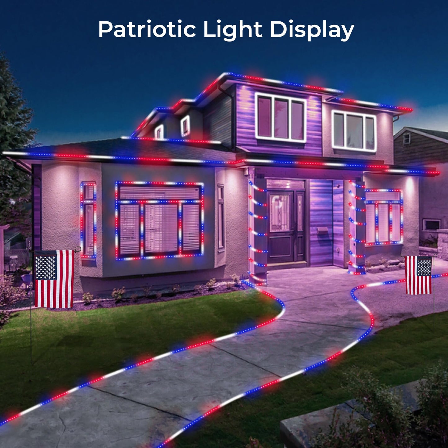 WYZworks 576LEDs, 50ft LED American Flag Red White Blue Outside Rope Lights, Waterproof Permanent Outdoor ETL Certified, Connectable, Palm Tree Decorative Landscape Patio Accent Lighting - USA
