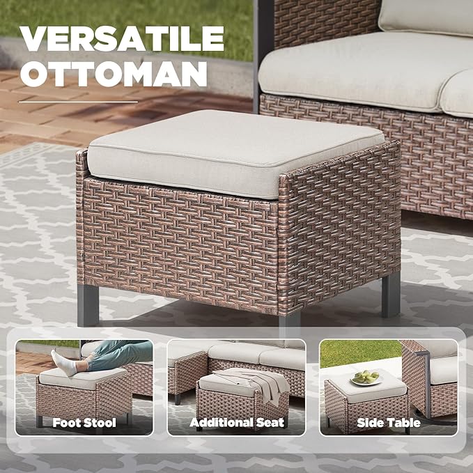 3 Pieces Patio Furniture Sofa Set-Outdoor Wicker Patio Furniture Covered Couch with Multifunctional Ottoman and High Back Outdoor Patio Conversation Set for Backyard Porch Garden Brown/Beige