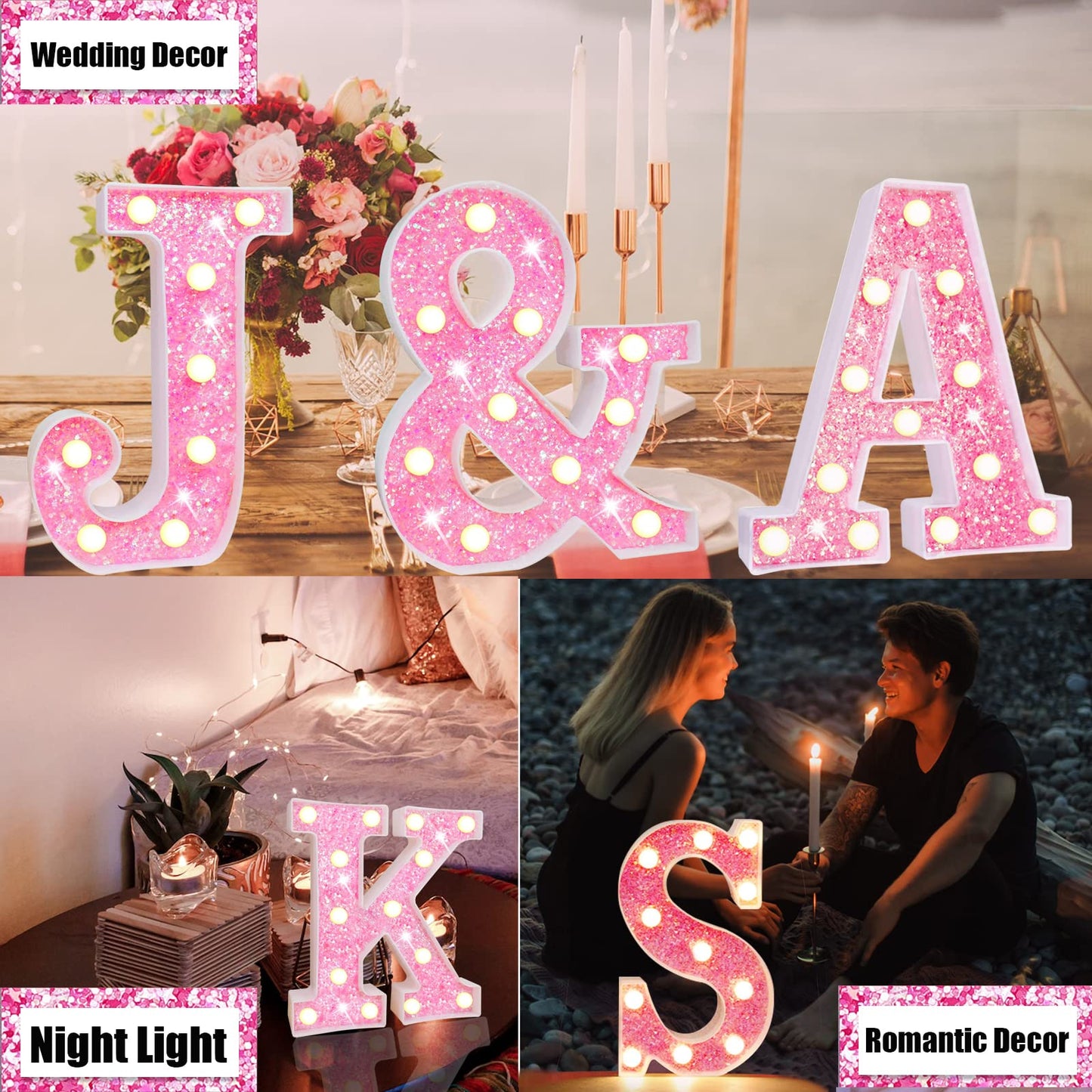 Light Up Letters, Glitter Alphabet Letter Sign Pink LED Marquee Letter Lights Battery Powered for Night Light Girls Bedroom Birthday Party Wedding Home Christmas Decorations Gift for Her-Pink K