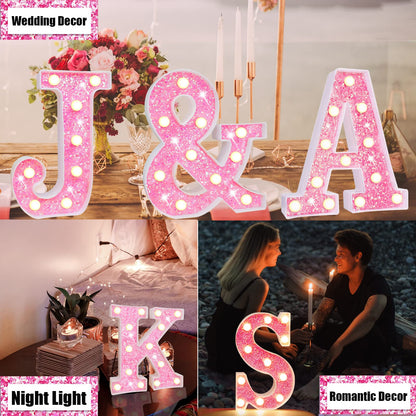 Light Up Letters, Glitter Alphabet Letter Sign Pink LED Marquee Letter Lights Battery Powered for Night Light Girls Bedroom Birthday Party Wedding Home Christmas Decorations Gift for Her-Pink D