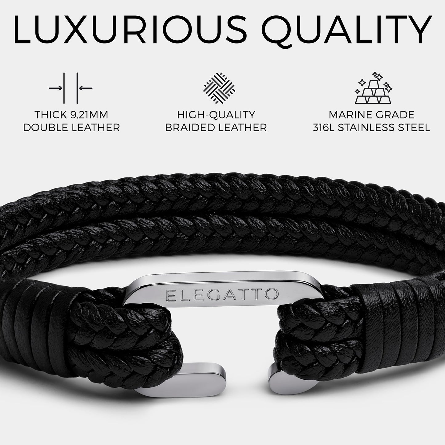 Elegatto Meraki Premium Double Braided Leather Bracelet for Men | Full-Grain Leather with Silver Polished Stainless Steel C-Clasp | Men’s Designer Bracelets