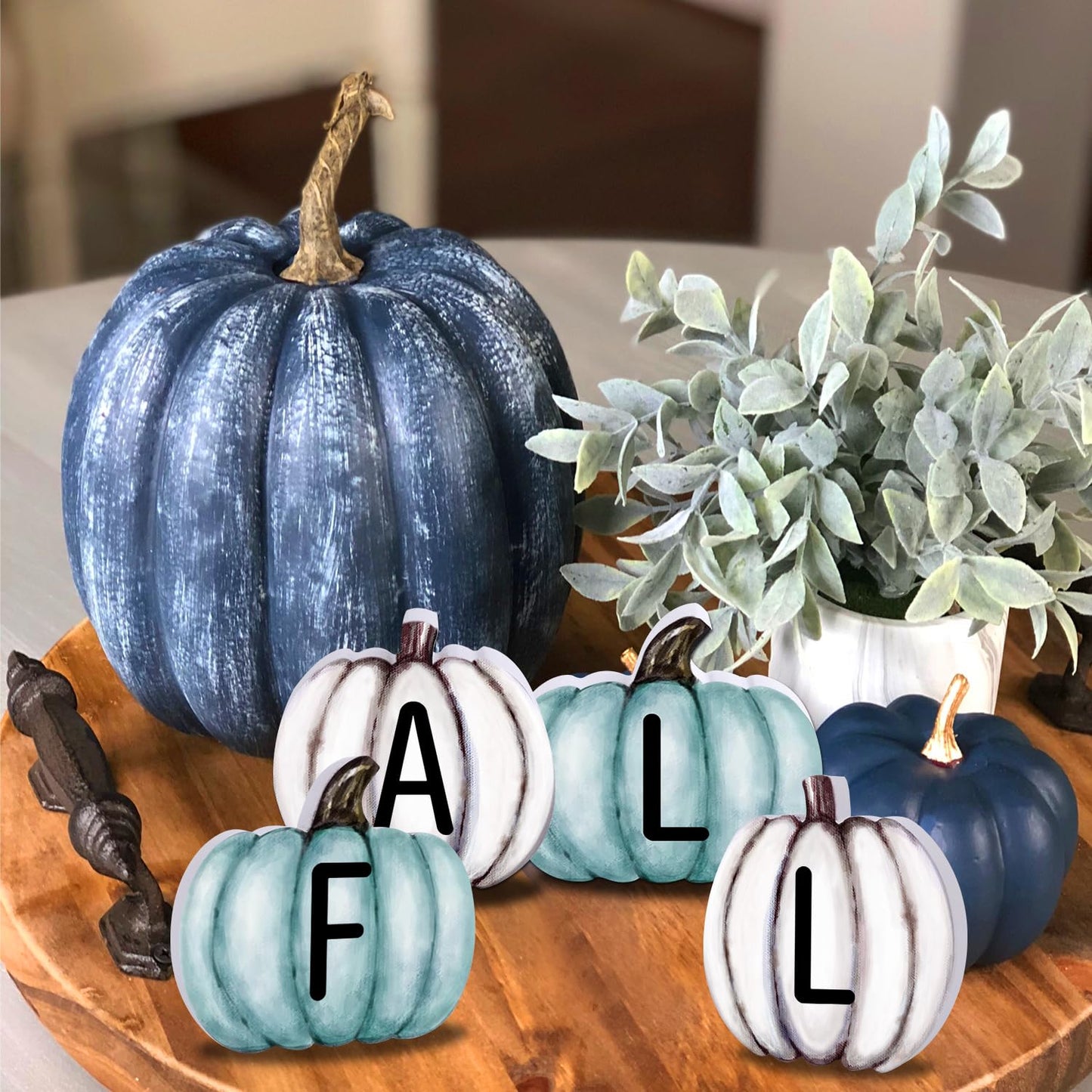 YUJUN 4 Pieces Fall Pumpkin Wooden Signs Decoration,Blue Autumn Tiered Tray Pumpkin Tabletop Decor for Thanksgiving Fall Home Kitchen Harvest Party Decor Supplies