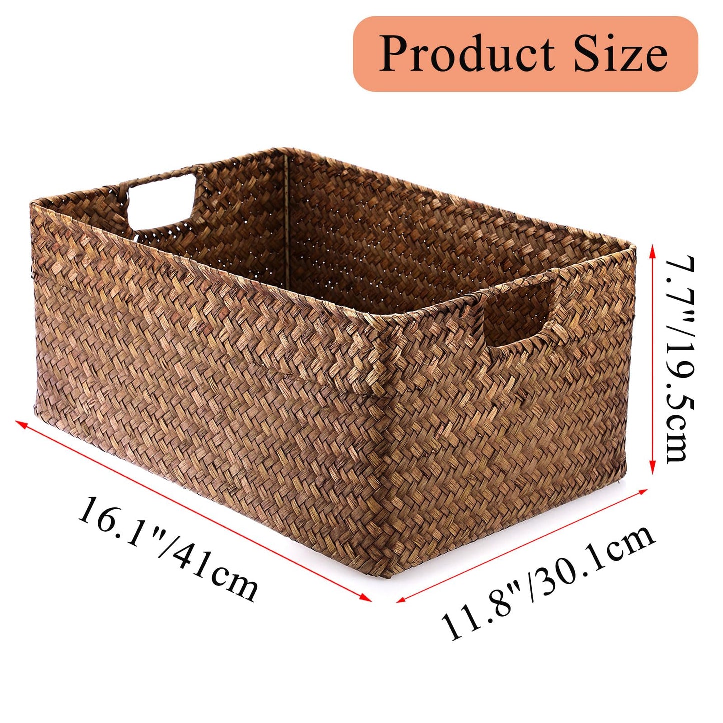 Hipiwe Seagrass Storage Baskets Bin for Shelf Handwoven Wicker Baskets Built-in Handles Rectangular Closet Bedroom Organizer Box Multipurpose Storage Basket Organizer,16.1"L x11.8"W x7.7"H