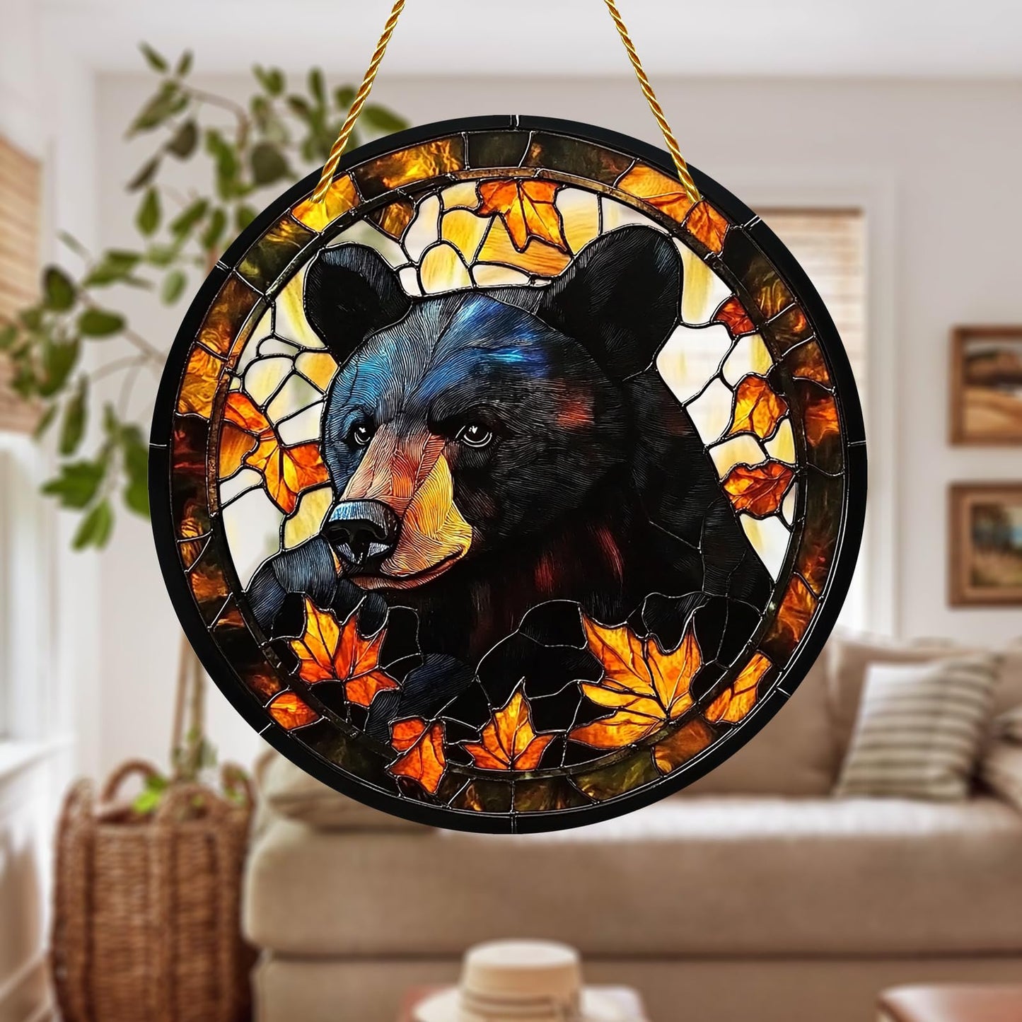 8x8 inch Charming Black Bear Autumn Acrylic Stained Glass Window Hanging Sun Catcher Decor Stained Panel Hangings Wall Art Decor, for Friends and Family (Black Bear)