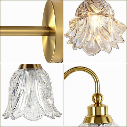 3-Lights Bathroom Vanity Light Gold Vintage Light Fixtures Floral Flower Matte Antique Brass Crystal Glass Shade, Wall Sconces Lighting for Living Room, Bedroom, Hallway（E12 Base）