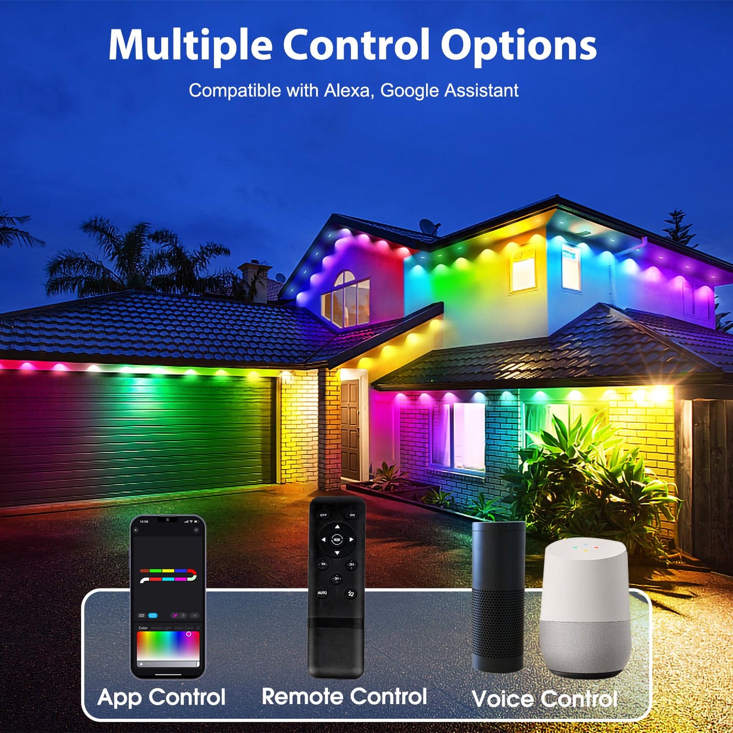 Sumaote Permanent Outdoor Lights 150ft, Smart RGB+IC Smart Christmas House Lights 108 LED Waterproof Music Sync Eave Lights for Christmas, Holiday Decor, Compatible with Alexa Google Assistant