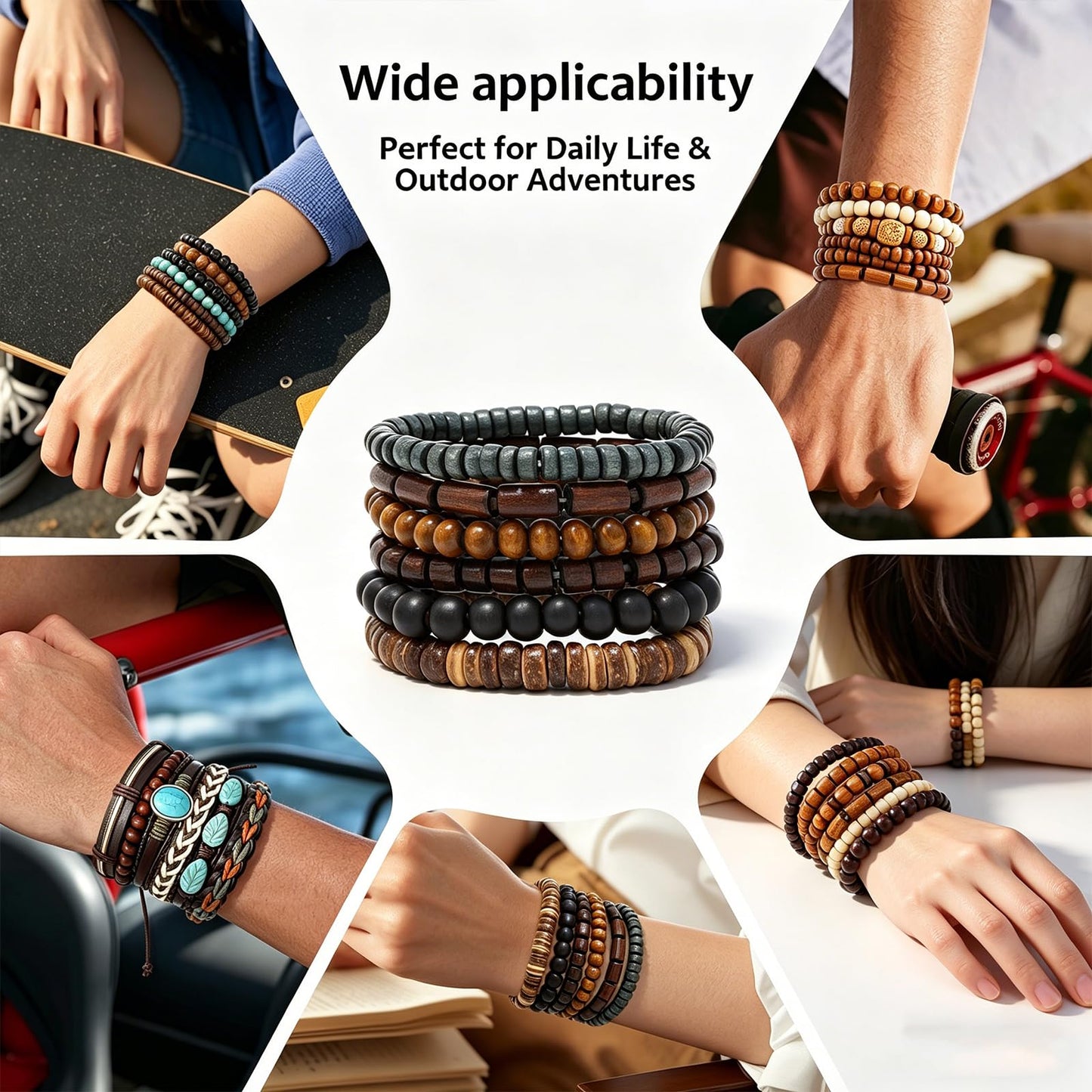 JAVMOO 45 Pcs Wooden Bead Bracelets for Men Women, Boho Multiple Sets Leather Wrap, Hemp Cords, Stack Wood Beads, Ethnic Tribal Cuff Jewelry Wristbands