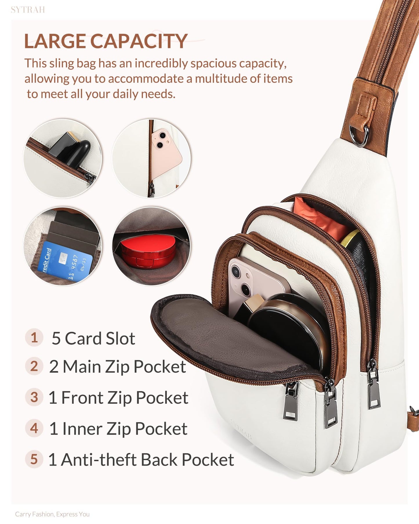 SYTRAH Sling Bag for Women, Crossbody Bags for Women Trendy Crossbody purse Vegan Leather Sling Backpack Chest Bag with Dual purpose Strap, Beige Brown