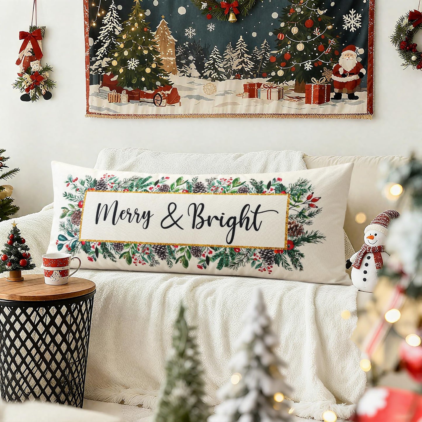OTOSTAR Merry Bright Christmas Decor Pillow Cover 14x36 Inch Extra Long Lumbar Decorative Throw Pillow Case Eucalyptus Mistletoe Winter Holiday Cushion Cover for Couch Bed Sofa Decor (Merry & Bright)
