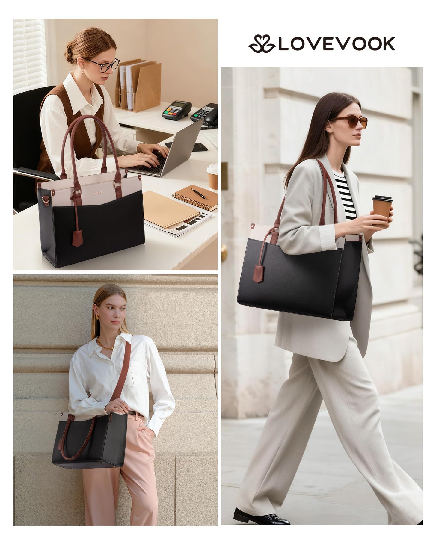 LOVEVOOK Laptop Bag for Women 15.6 Inch, Waterproof Leather Tote Purse with Cup Holder & Elegant Clutch, Multi Pocket Large Capacity Work Briefcase for Office Travel, Black-Beige-Brown
