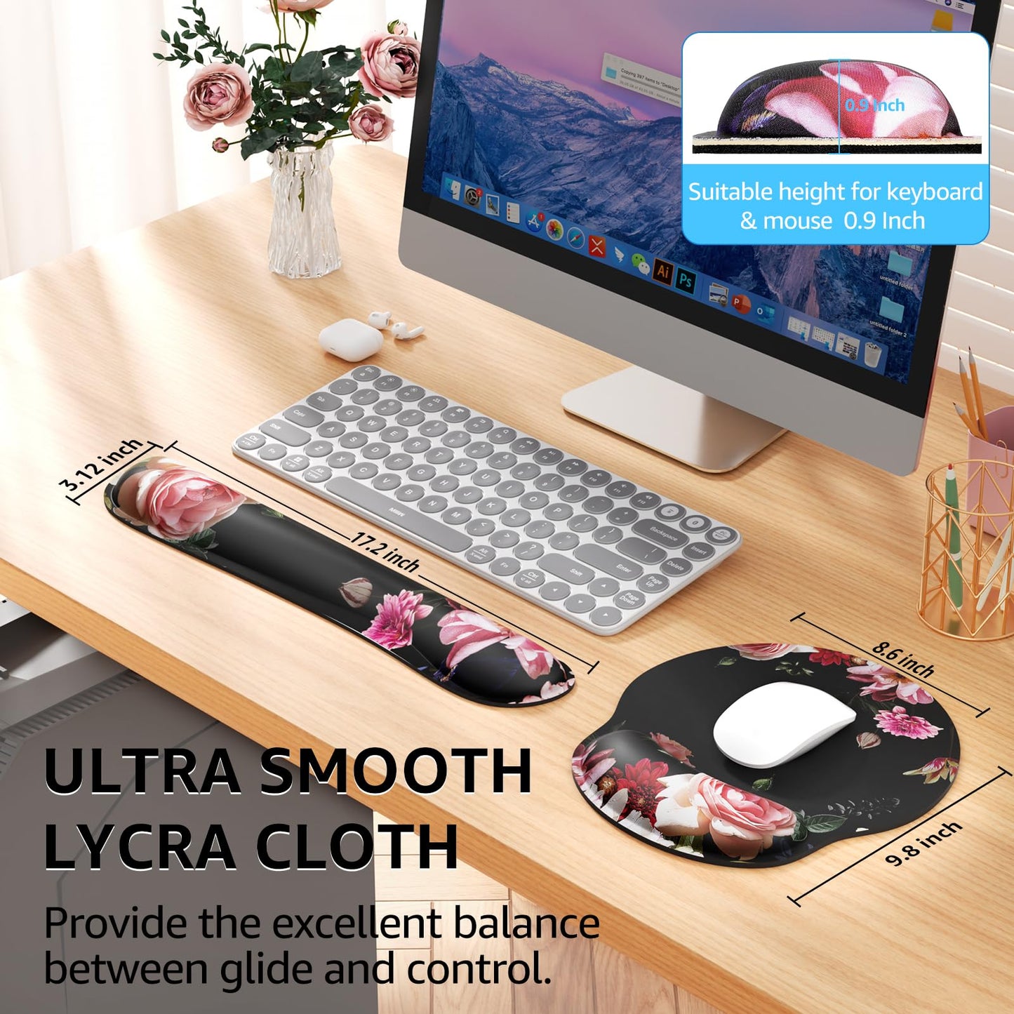 KTRIO Ergonomic Keyboard Wrist Rest and Mouse Pad with Wrist Rest Set, Memory Foam Wrist Support for Typing, Gaming, Office and Home Use, Pale Pink, Peony Flower