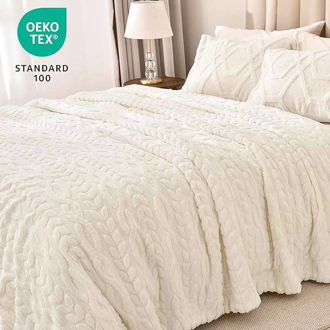 PHF Fluffy Sherpa Blanket Queen Size for Winter, Warm and Soft, 510GSM 3D Jacquard Thick Shaggy Fleece Plush Blanket for Sofa Bed, Cream, 90"x90"