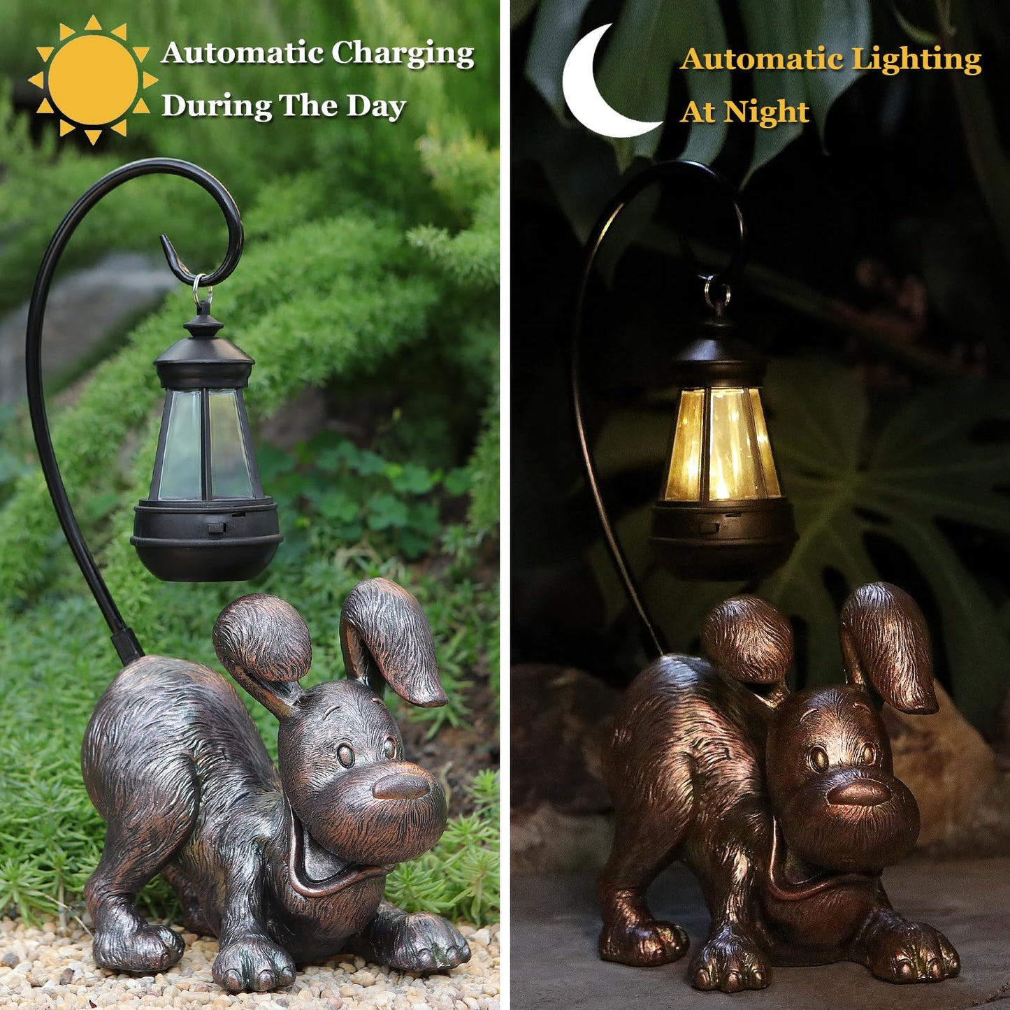 Hnnpmm Laughing Dog Figurine with Solar-Powered LED Light 15.9 Inch Tall Antique Bronze, Perfect for Gift Garden Decor or Housewarming for Dog Lovers