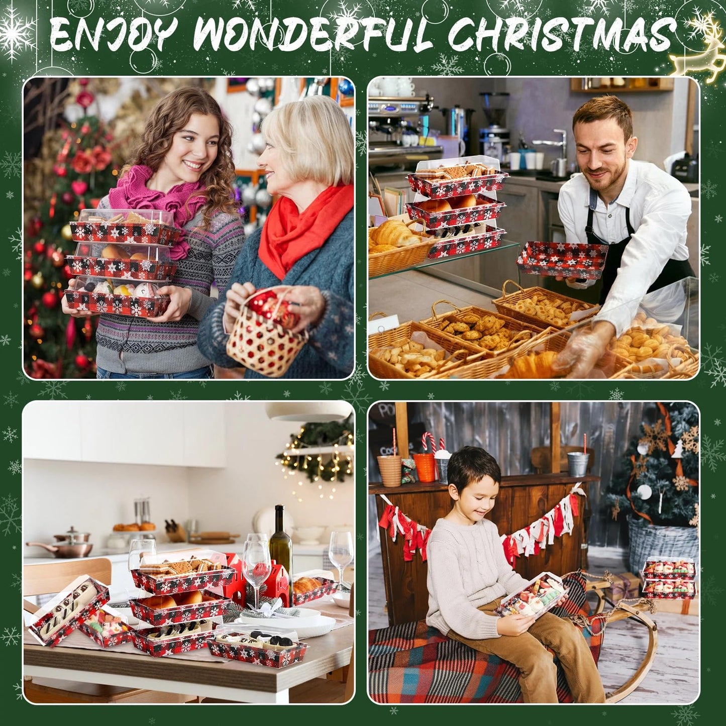 Bokon 100 Pack Christmas Charcuterie Boxes with Clear Lids, Red and Black Snowflake Cookie Boxes with Window, Disposable Food Containers Candy Treat Gift Tins for Sandwich, Cookie, Cake Slice