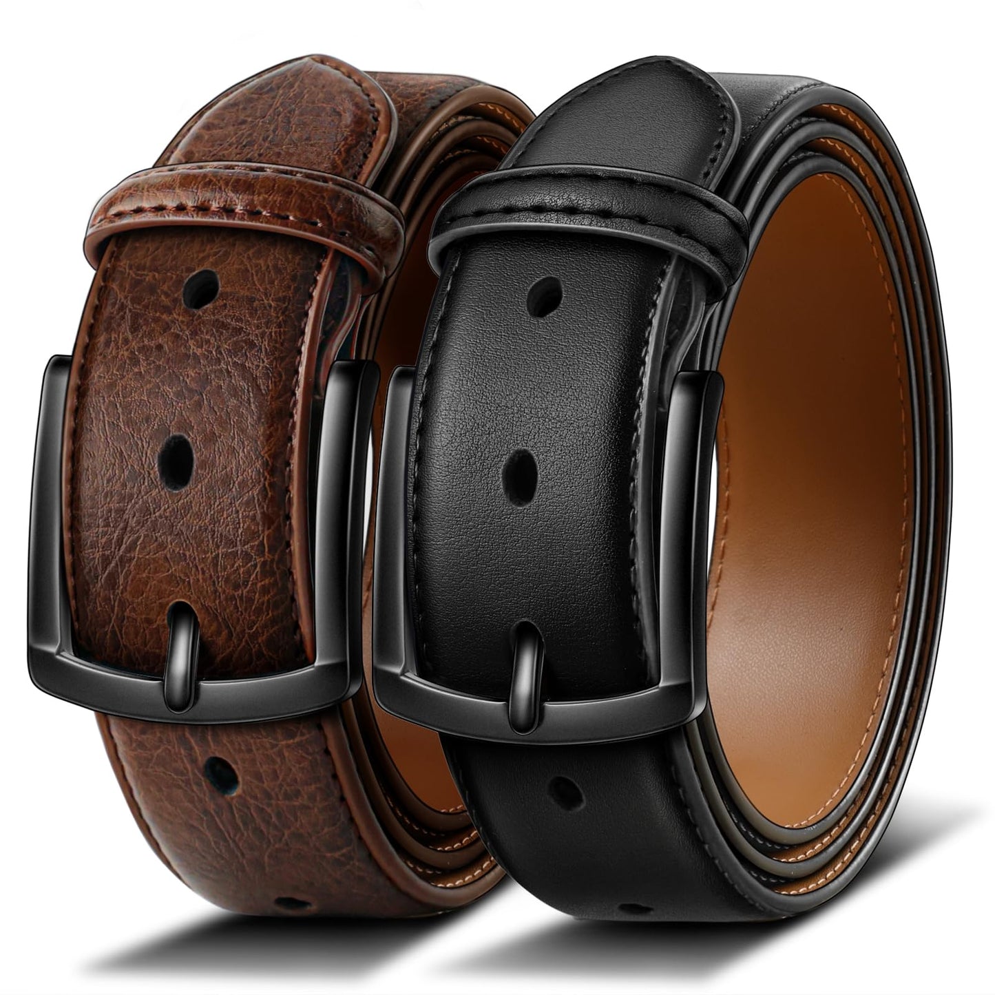BULLIANT Men Belt 2Pack-Leather Belt 7Holes Comfortable For Men's Dress Casual Jeans 1 3/8"(Black/Deep Brown,32"-34" Waist Adjustable)