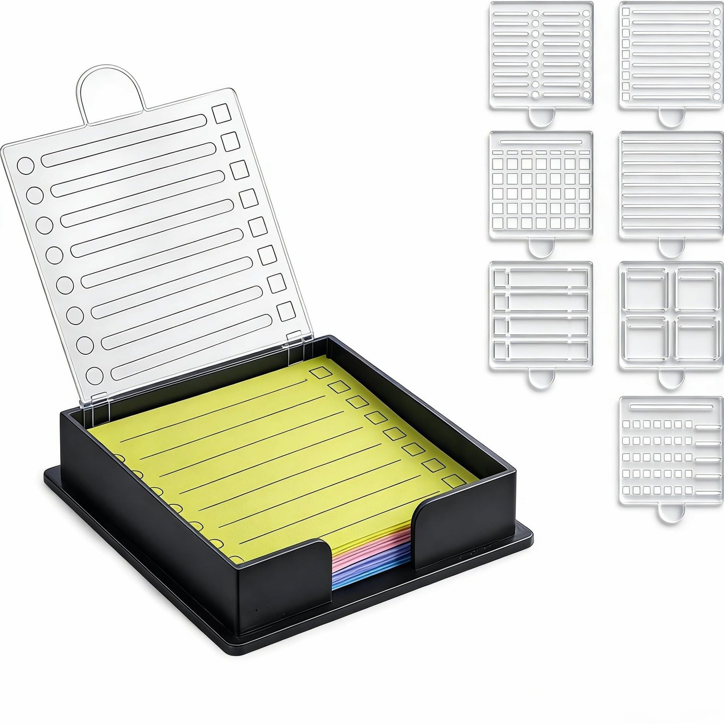 BESARME Sticky Note Holder 3x3 Sticky Note Stencil with 7 Template, Sticky Note Stencil and Holder Note Dispenser for Desk Home Office