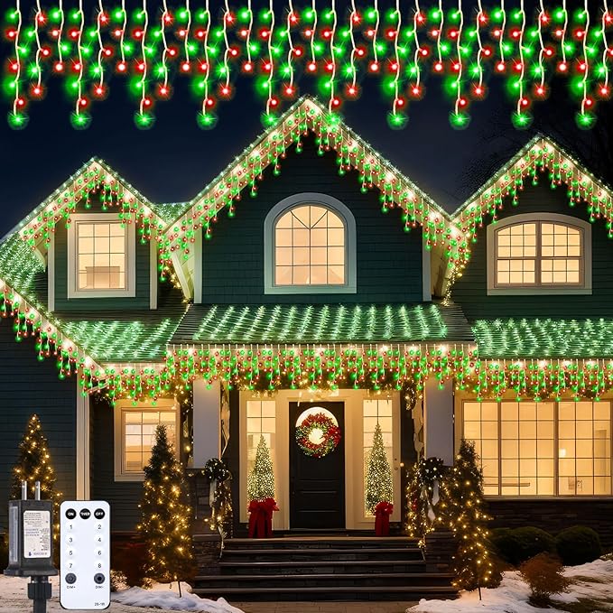 132 Ft 1280 LED Christmas Icicle Lights Extra Long 8 Modes Waterproof Icicle String Light with 240 Drops, Fairy Hanging Lights Decor with Remote for Xmas Wedding Indoor Outdoor Red and Green
