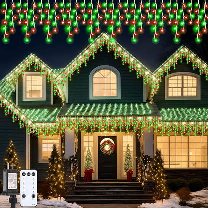 132 Ft 1280 LED Christmas Icicle Lights Extra Long 8 Modes Waterproof Icicle String Light with 240 Drops, Fairy Hanging Lights Decor with Remote for Xmas Wedding Indoor Outdoor Red and Green