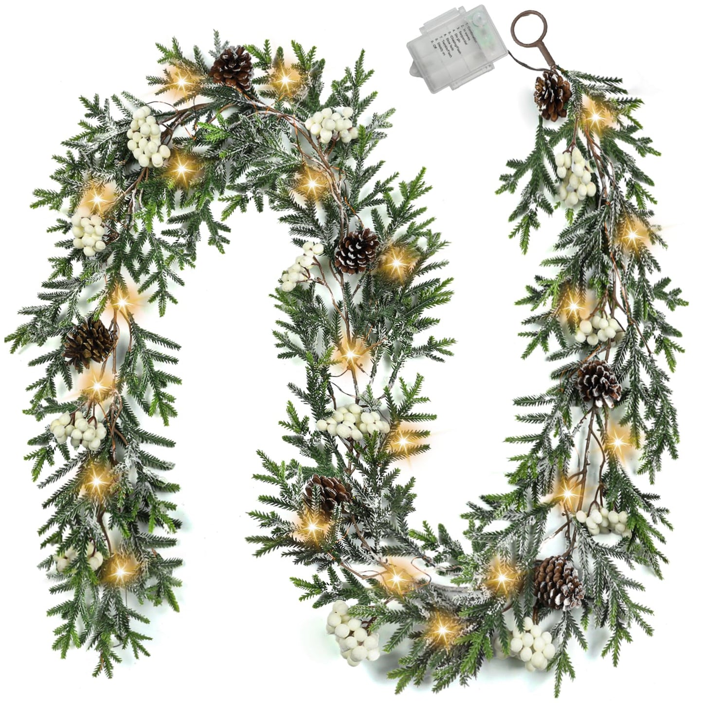 6FT Christmas Garland with Lights, Christmas Decorations Indoor Outdoor Pre-lit Artificial Pine Garland with Battery Operated Timer, Home Holiday Decor Flocked Garland for Mantel Window Stairs Wall