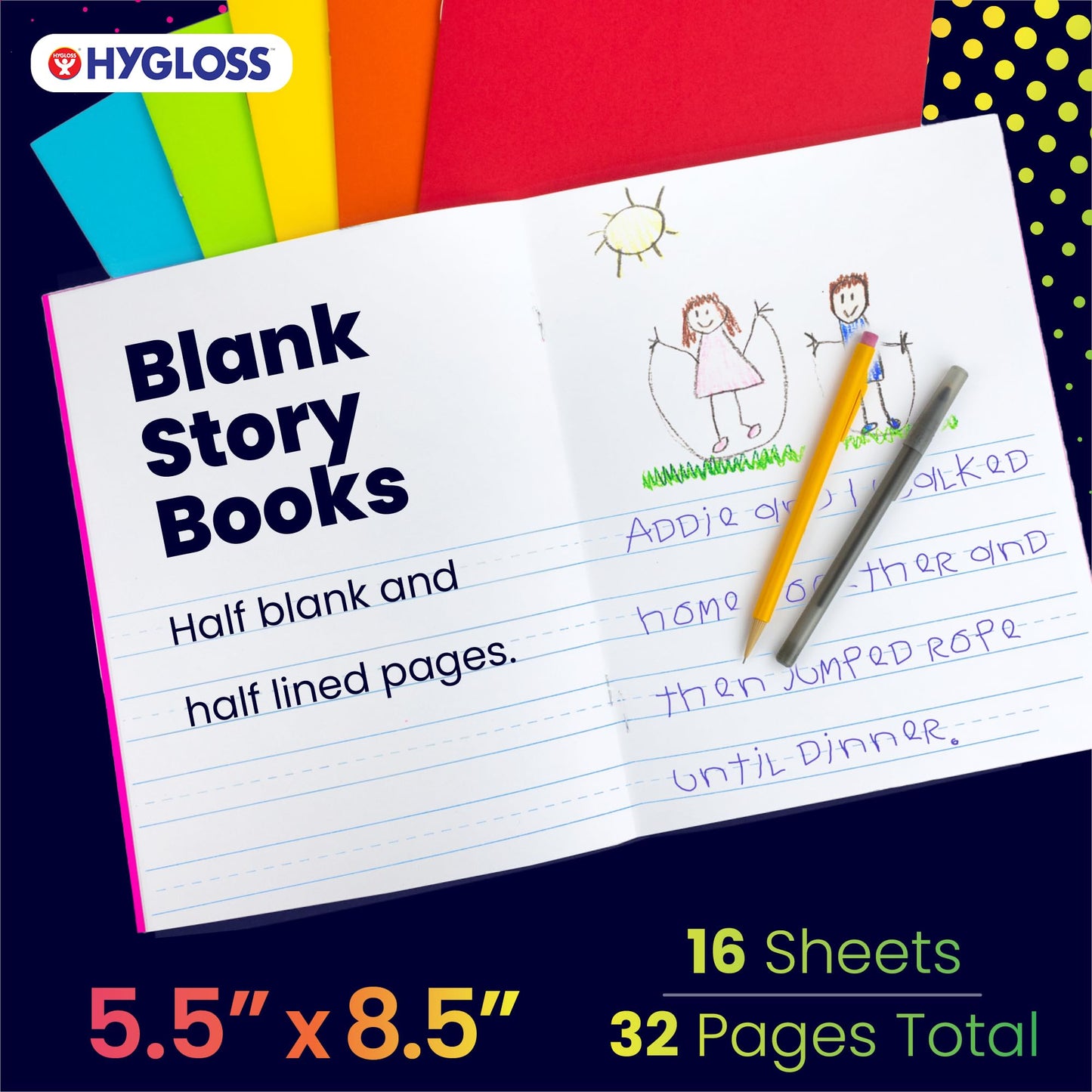 Hygloss Half Blank Books for Kids to Write Stories and Illustrate – Bulk 6 Pack – 5.5" x 8.5" A5 – Small Primary Journal for Grades K-2, Preschool/Kindergarten Notebook with Picture Space – 24 Pages