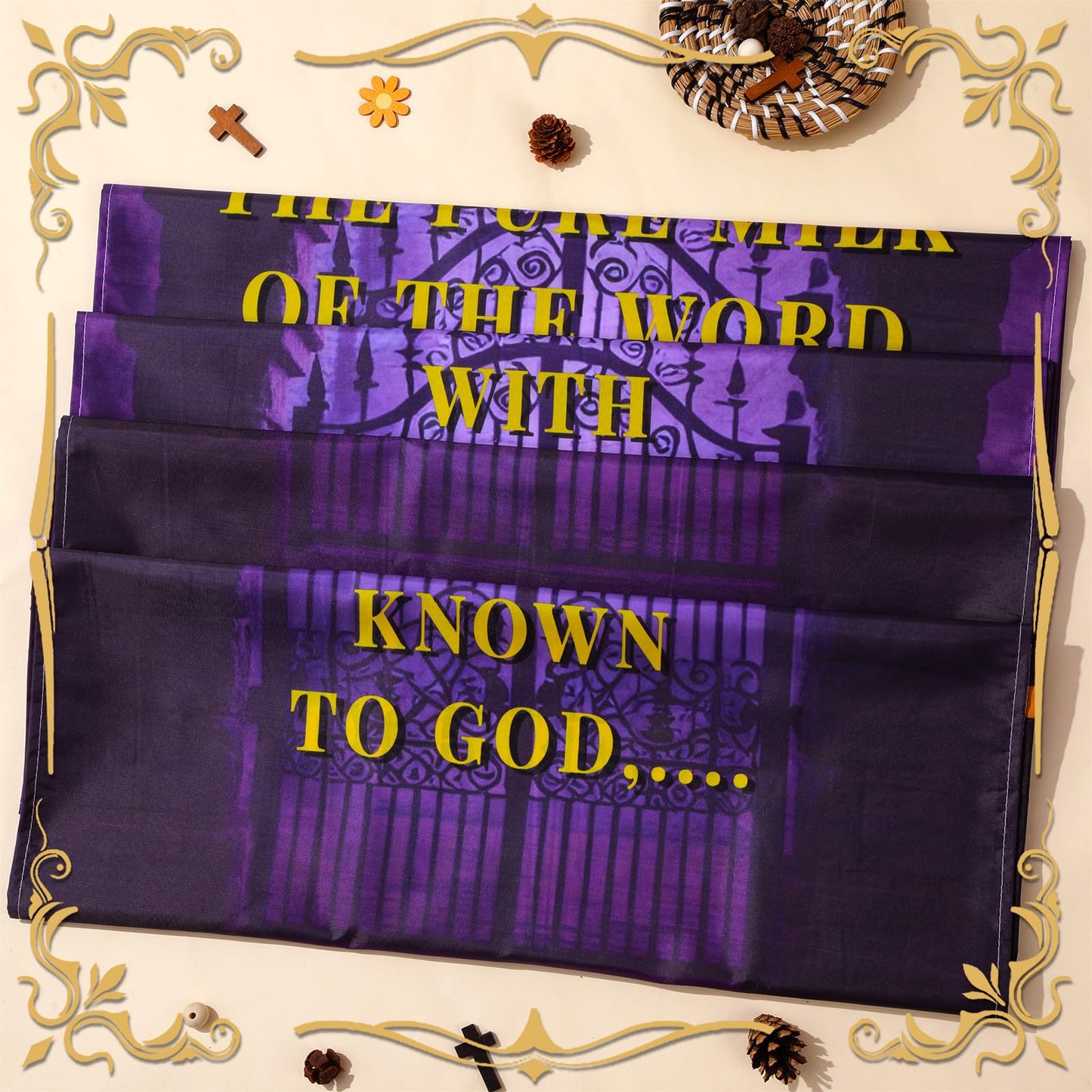4Pcs Church Banners for Sanctuary Wall Welcome Religious Banners Serve Grow Love Pray Hanging Backdrop Purple Church Hanging Signs Scripture Bible Verse Banner for Holiday Sunday School Decor