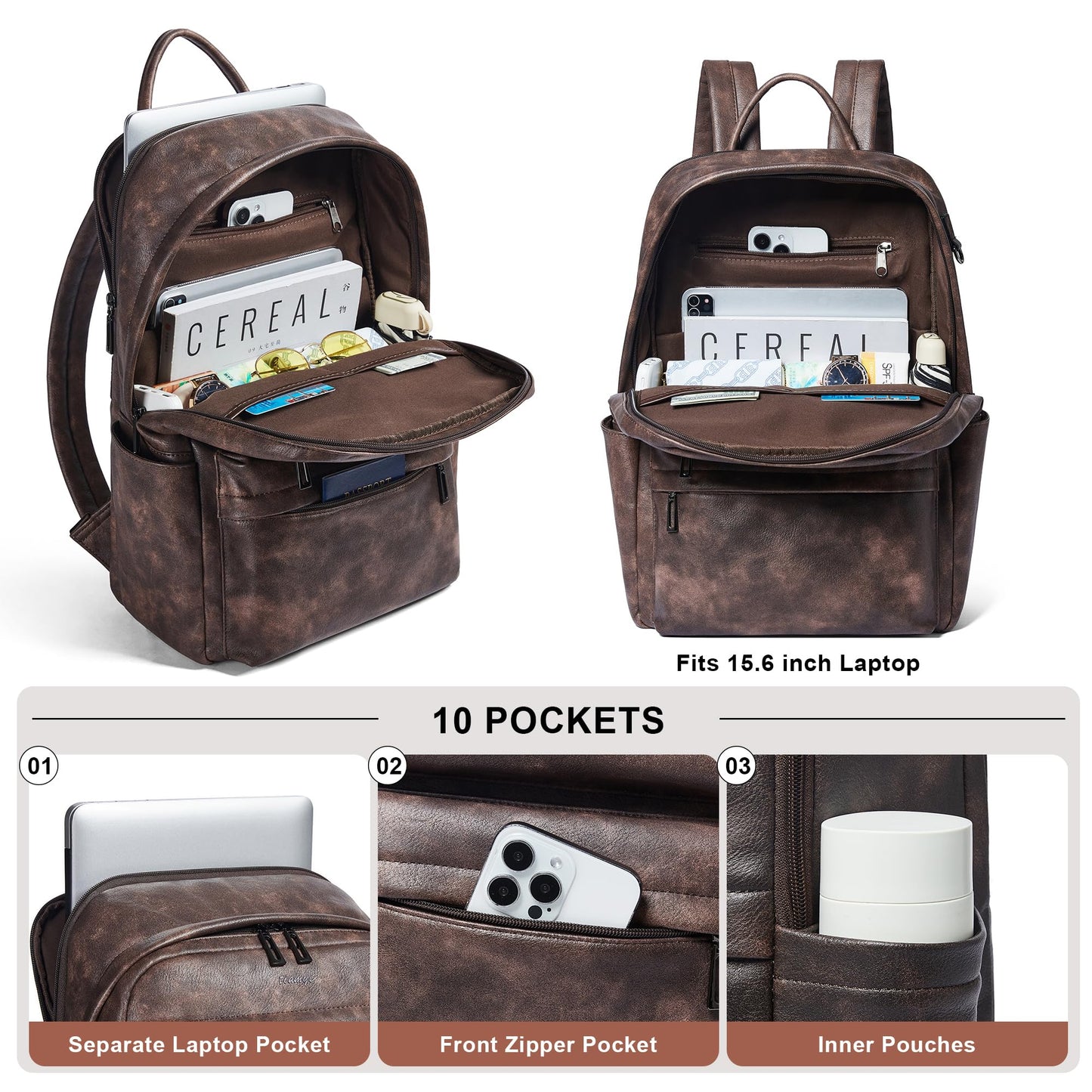 tiamyi Vegan Leather Backpack for Women and Men, Fits 16.0 Inch Laptop, Multi-Pocket Design with Water Bottle and Luggage Strap, Ideal for Work, Travel, and Daily Use, Coffee
