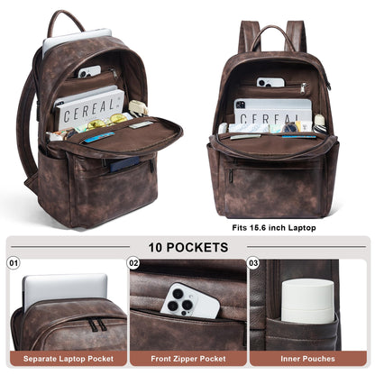 tiamyi Vegan Leather Backpack for Women and Men, Fits 16.0 Inch Laptop, Multi-Pocket Design with Water Bottle and Luggage Strap, Ideal for Work, Travel, and Daily Use, Coffee