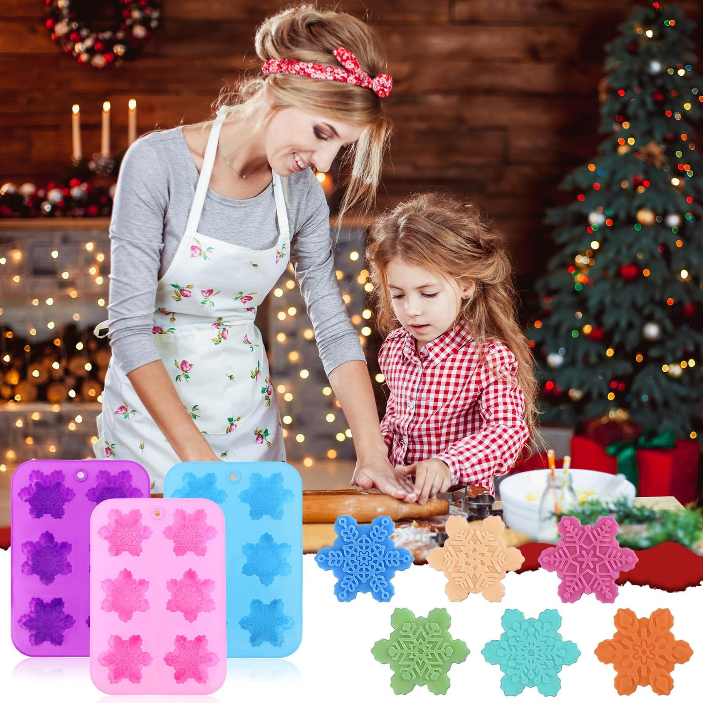 Snowflake Molds, 3Pcs Christmas Silicone Cake Trays 3D Snowflake Cookie Soap Reusable Non Stick Chocolate Molds for Christmas Muffin Jelly Ice Cube Making Winter Party Home Decorations