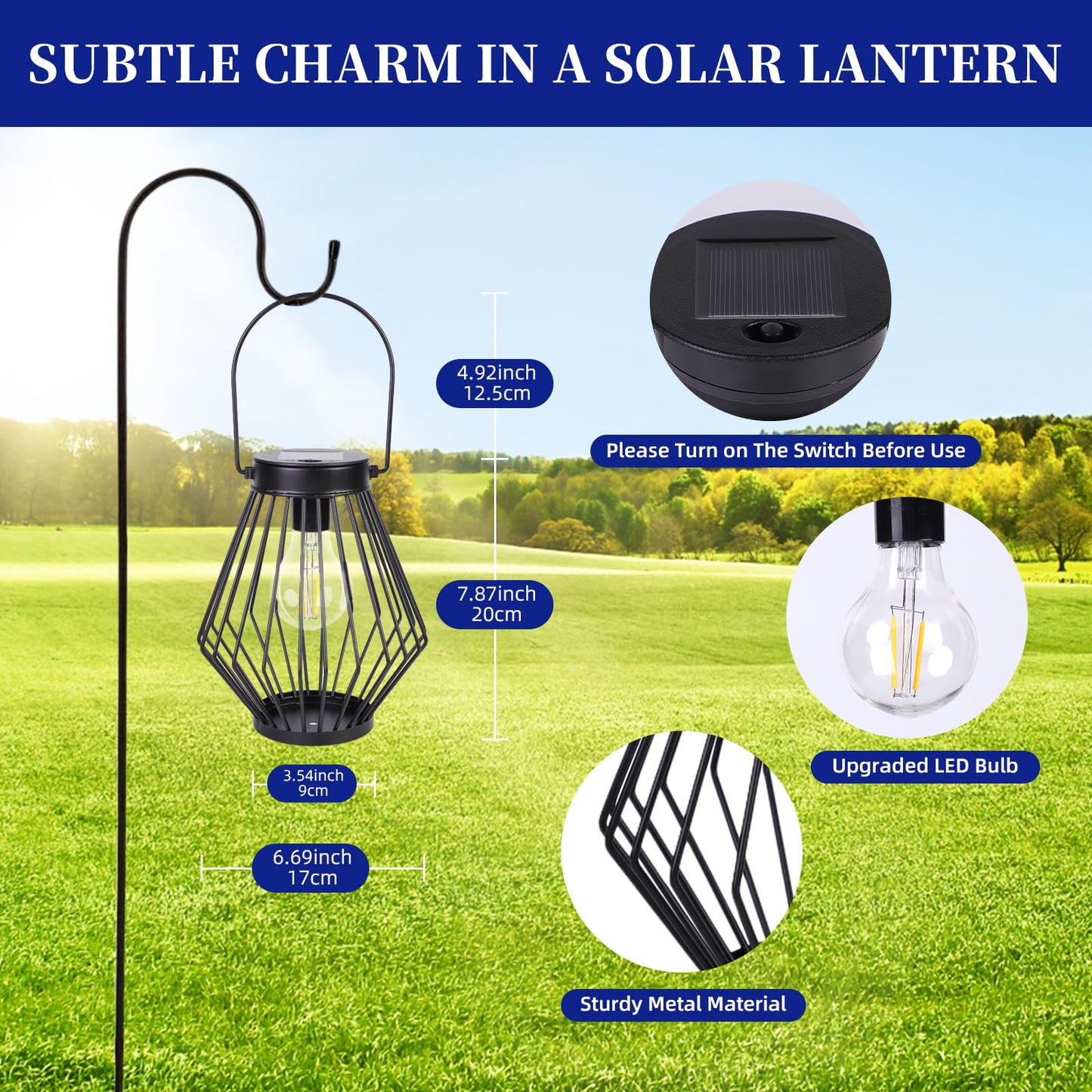 Solar Lanterns Outdoor Waterproof, 2 Pack Metal Decorative Hanging Lantern Lights with Warm White LED Bulb, Solar Powered Patio, Yard & Garden Decor, Ideal for Housewarming & Christmas Gifts