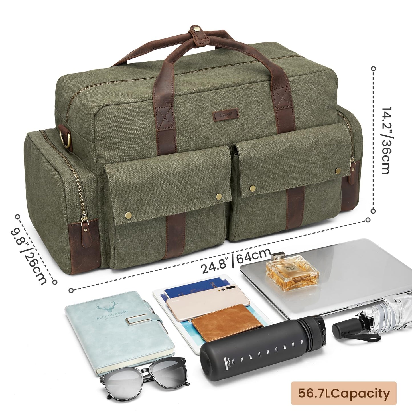 S-ZONE Large Canvas Travel Duffel Bag Weekend Overnight Bag Carry on Leather Trim Holdall Gym Bag with Multi-Pockets for Men and Women, Army Green
