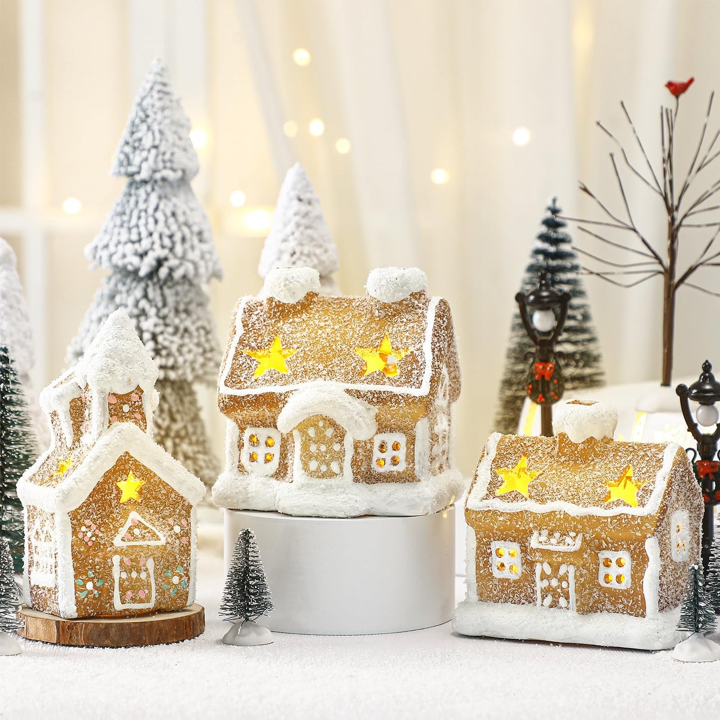 GlikCeil 17pcs LED Christmas Gingerbread Village Sets 3 Ceramic Gingerbread Houses Decor 2 Birch Trees 10 Pine Trees 2 Streetlight Christmas Figurines for Mantel Tabletop Shelf Decor