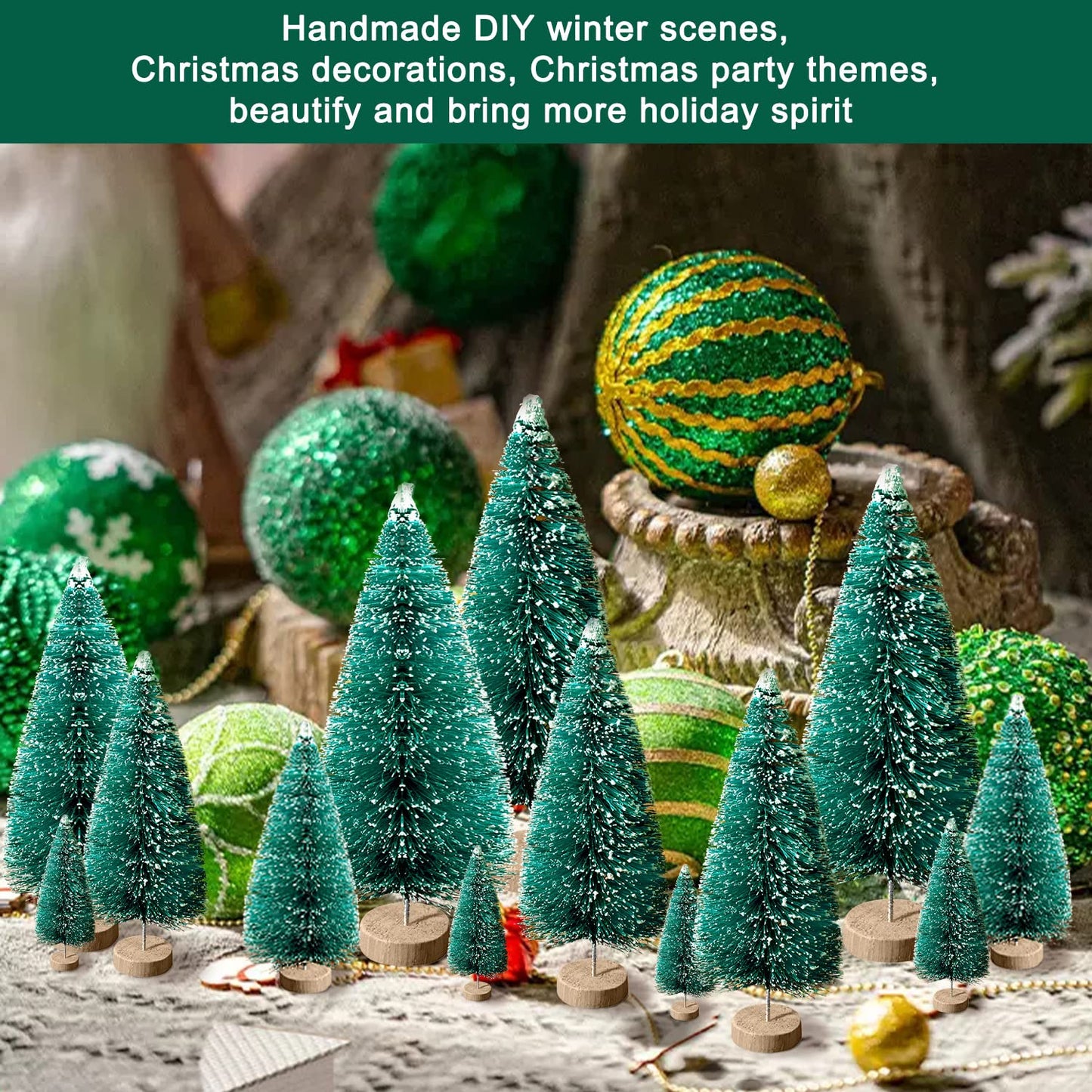 30Pcs Mini Christmas Trees - Artificial Christmas Tree Bottle Brush Trees,Sisal Snow Trees with Wooden Base for Christmas Decor Party Home Table Craft Decorations(Green)