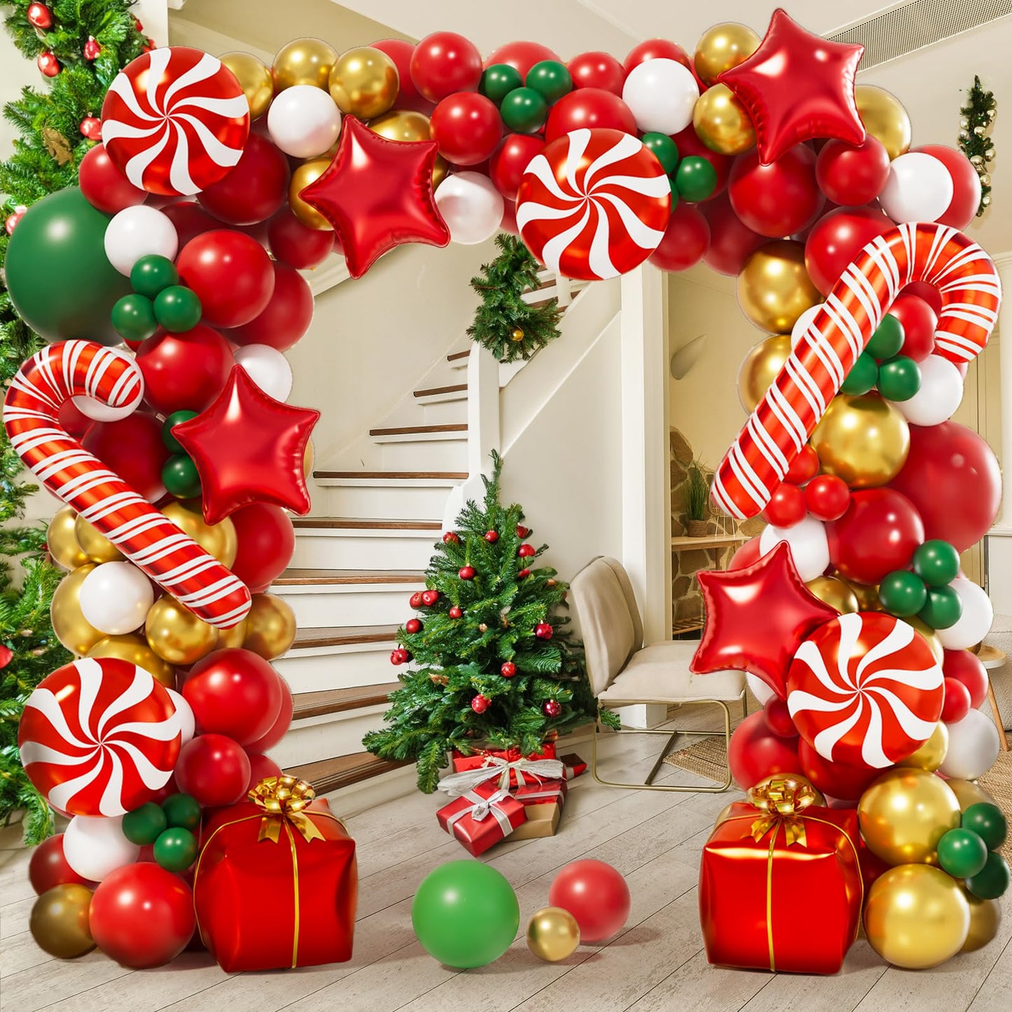 AobkDeco 151PCS Christmas Balloon Garland Arch Kit with Red White Golden Dark Green Balloons Candy Foil Balloon Candy Cane Balloon Gift Box Balloon Star balloon for Christmas Party Decorations