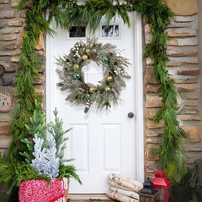 Holiday Christmas Wreath for Front Door, Snow Flocked 22-inch Artificial Winter Wreath with Gold and Green Ornaments, Pinecones and White Berries - Indoor & Outdoor Christmas Decoration