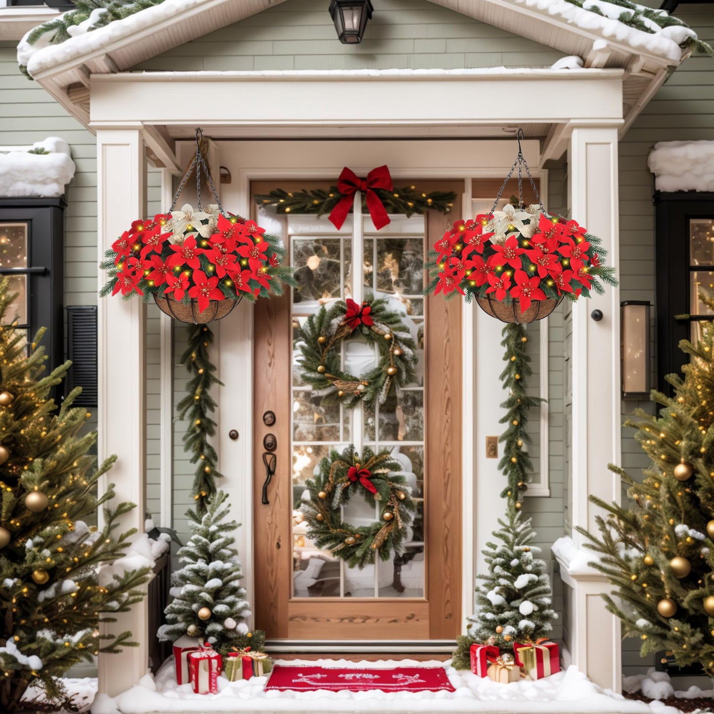 Florielle Artificial Fake Christmas Hanging Flowers Plants Basket with LED Lights, Faux Poinsettia, Pine Branches, for Outdoor New Year Xmas Decoration, Porch Home Holiday Decor (Green Pine Branches)