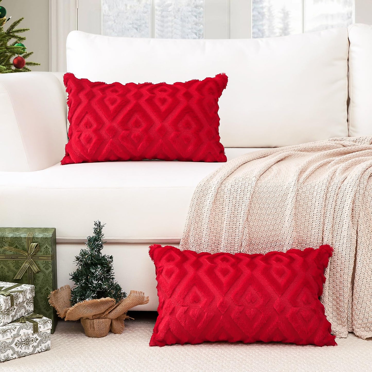 Artscope Pack of 2 Soft Plush Short Wool Velvet Decorative Throw Pillow Covers Luxury Style Cushion Covers Christmas Pillow Shell for Sofa Bedroom Diamond Shape Red, 16x24 Inch