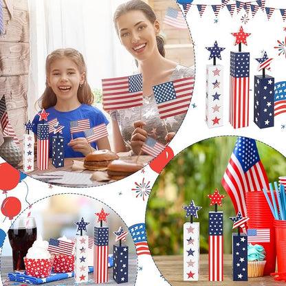 COCHIE 4th of July Decorations Set, Red White Blue Decor, Wooden Patriotic Memorial Day Tiered Tray Decor, Labor Day Decorations, Fourth of July Decoration for Home Office Table (Flag Cute)
